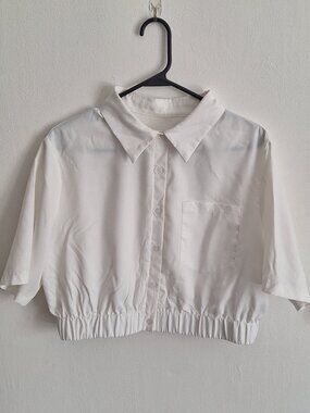 SHEIN White Solid Cropped Collared Button-Up Short Sleeve Top Women XL